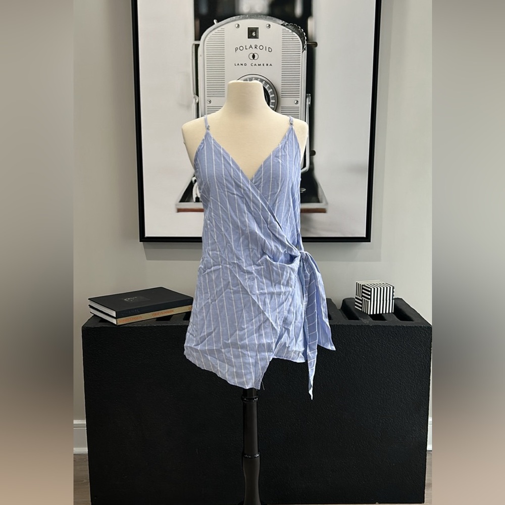 BRAND NEW! 

Extra Short, Wrap-Style Chambray Dress in White Pin-Stripe